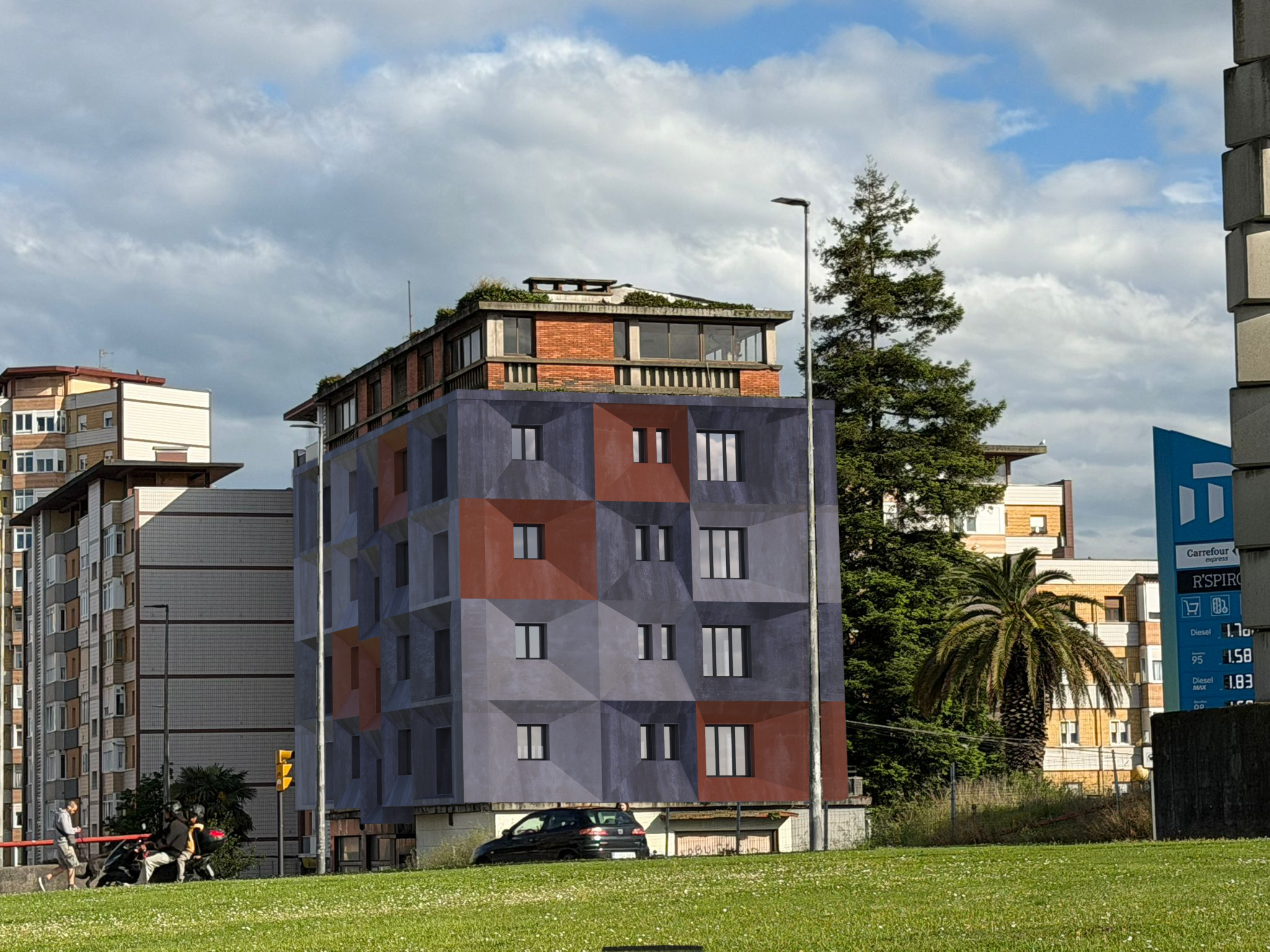 Render integrado en contexto urbano del edificio rehabilitado con Topping Climático
