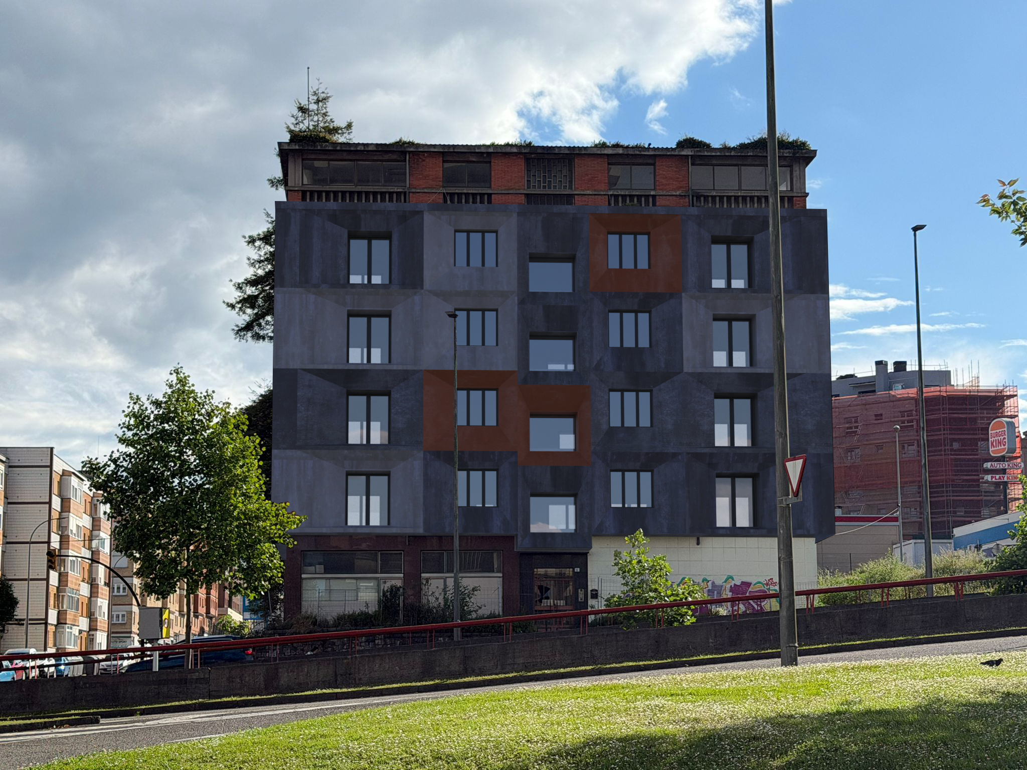 Vista frontal del render integrado en contexto urbano con la nueva envolvente Topping Climático