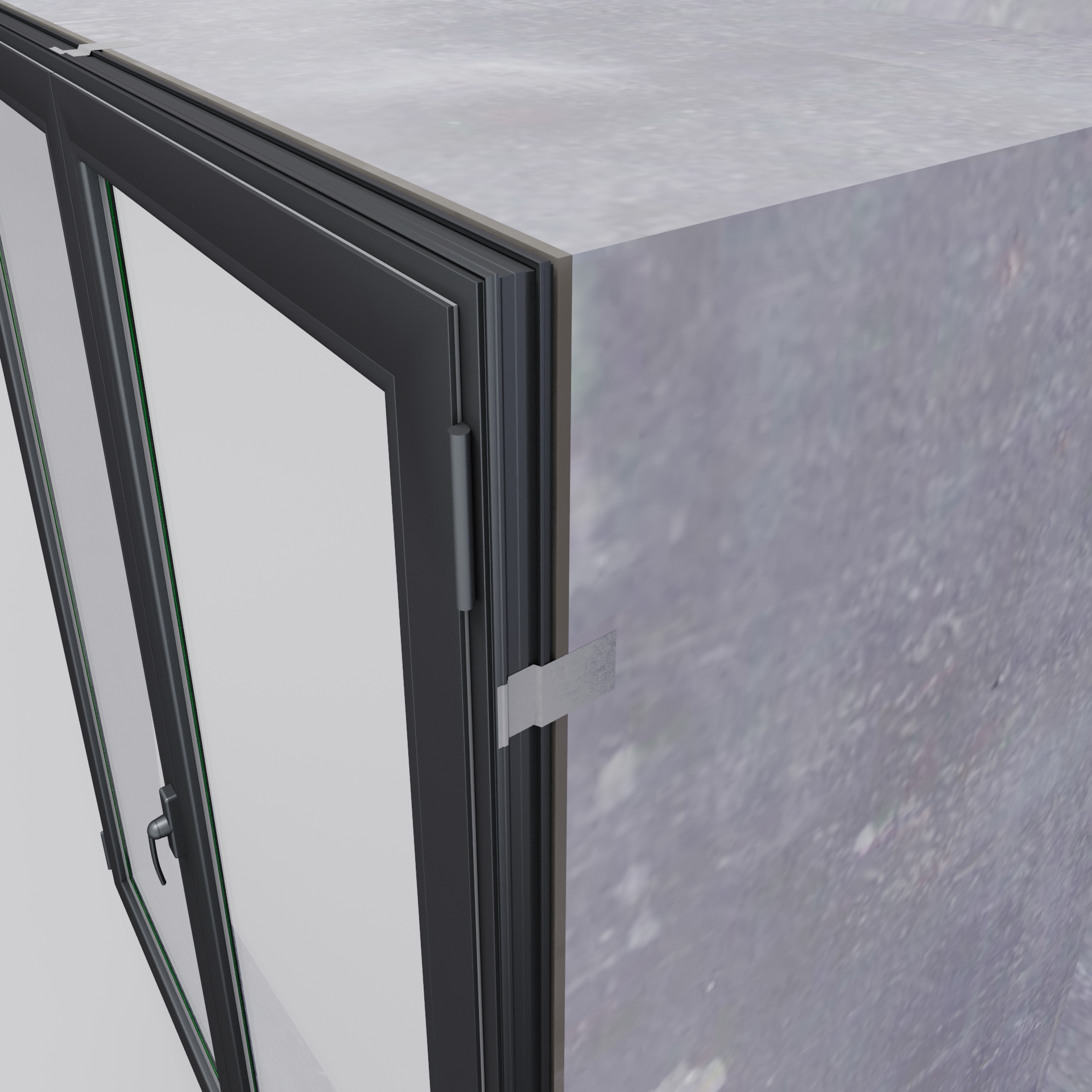 Detalle próximo del encuentro entre carpintería Kömmerling y panel de fachada